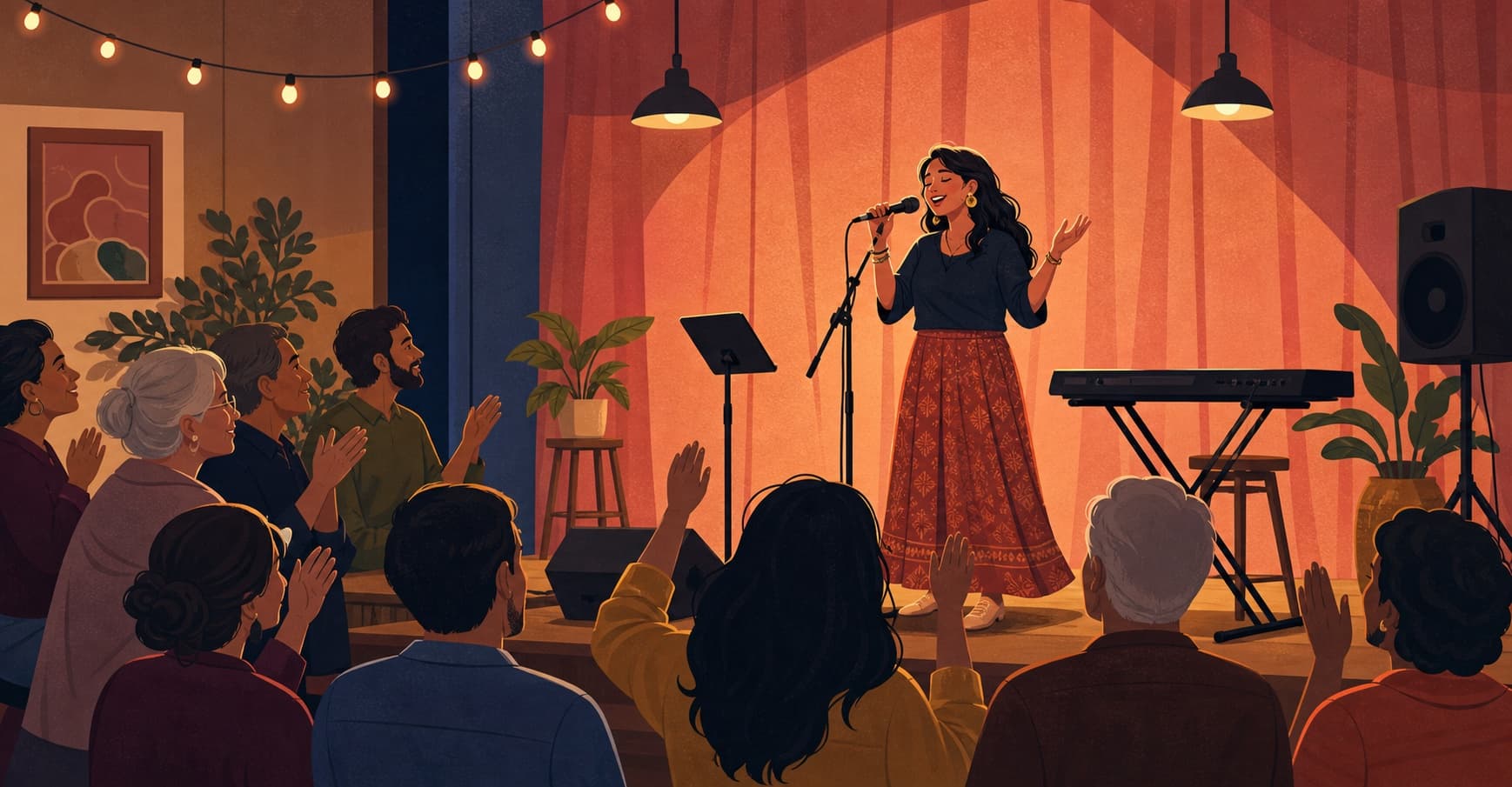 Community singer performing on a small stage while the audience cheers